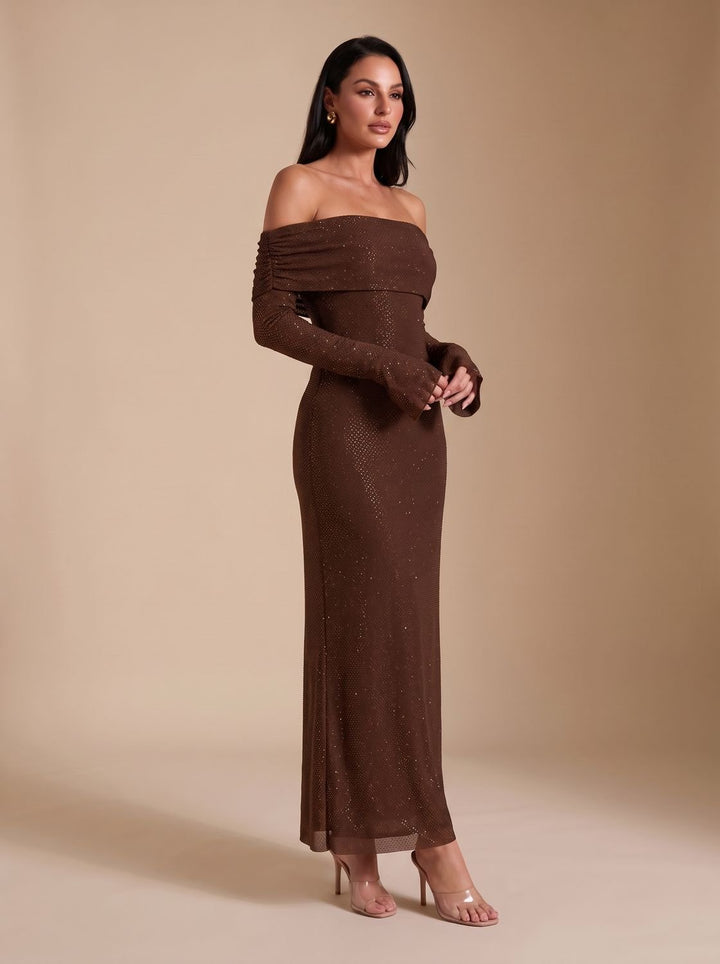Women's Off-Shoulder Sequin Maxi Dress Long-Sleeve Fitted