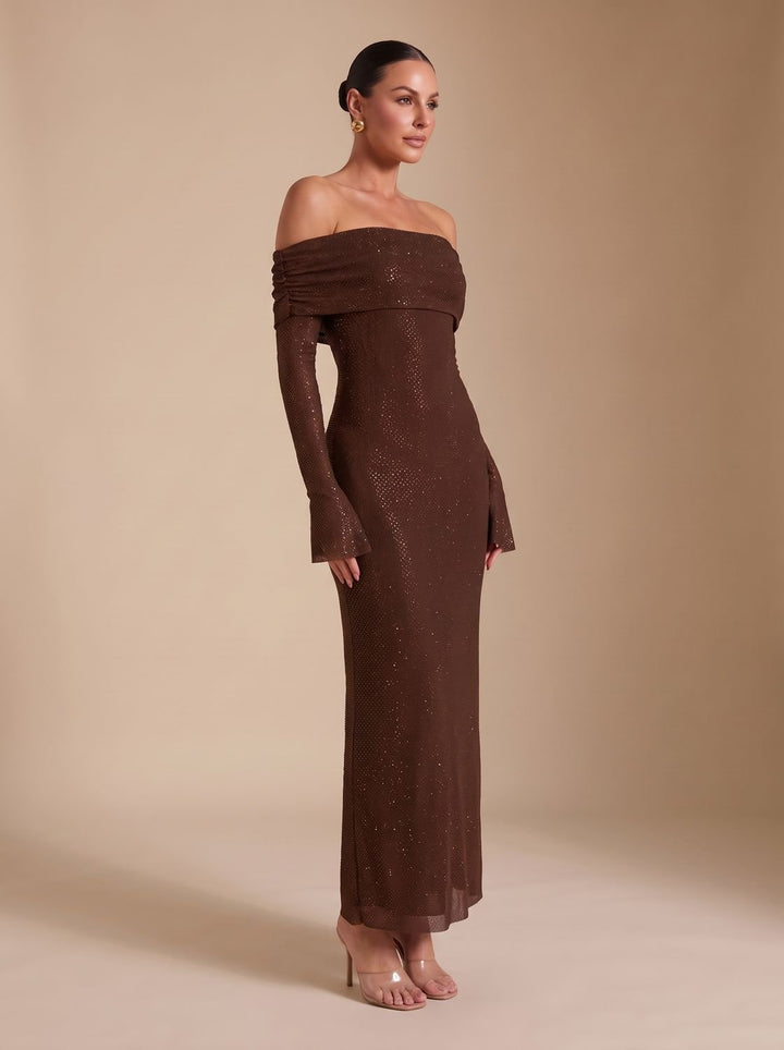 Women's Off-Shoulder Sequin Maxi Dress Long-Sleeve Fitted