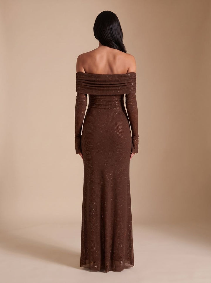 Women's Off-Shoulder Sequin Maxi Dress Long-Sleeve Fitted