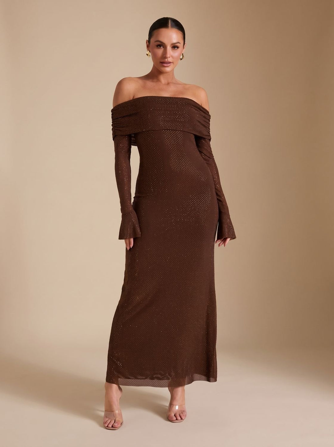 Women's Off-Shoulder Sequin Maxi Dress Long-Sleeve Fitted