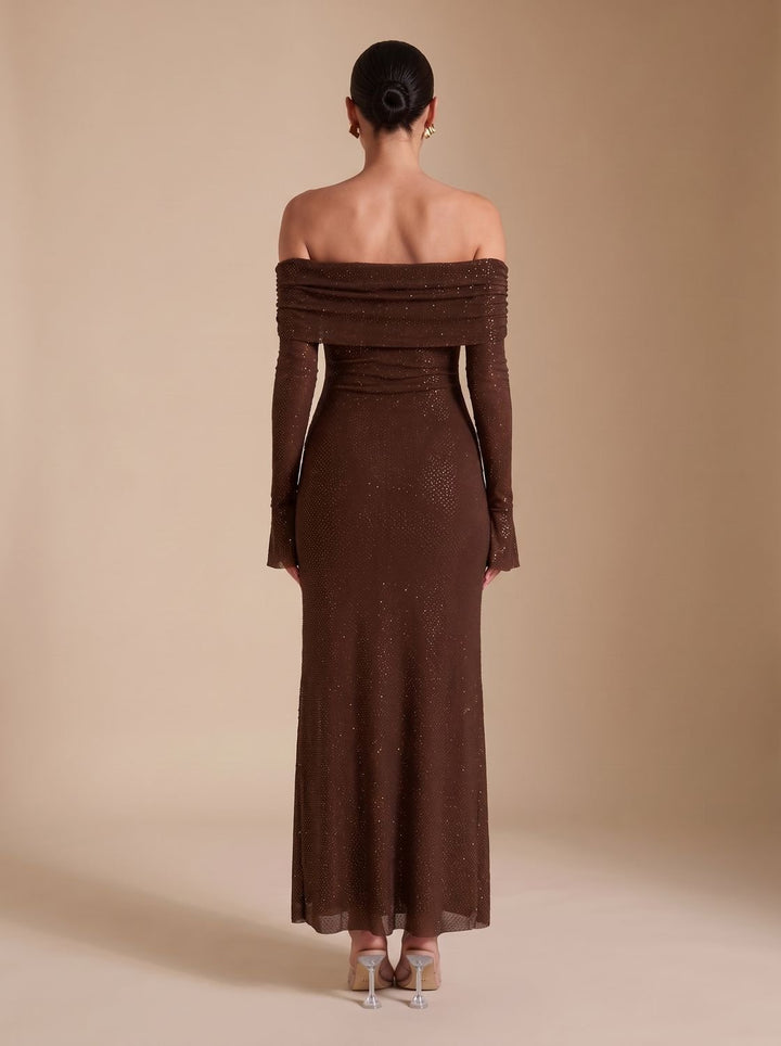 Women's Off-Shoulder Sequin Maxi Dress Long-Sleeve Fitted