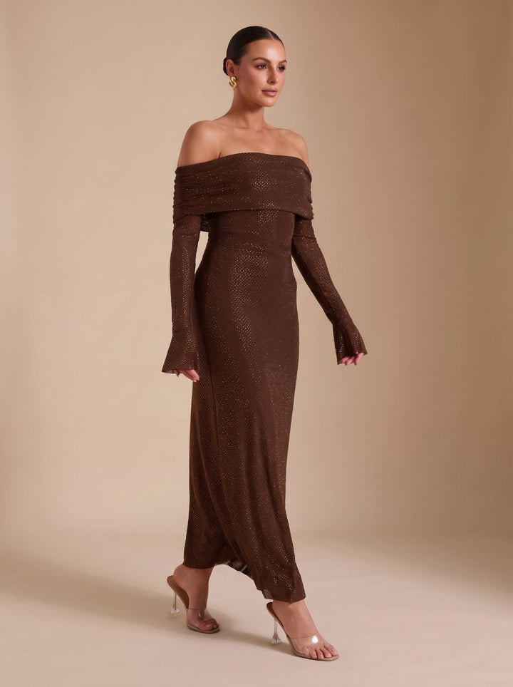 Women's Off-Shoulder Sequin Maxi Dress Long-Sleeve Fitted