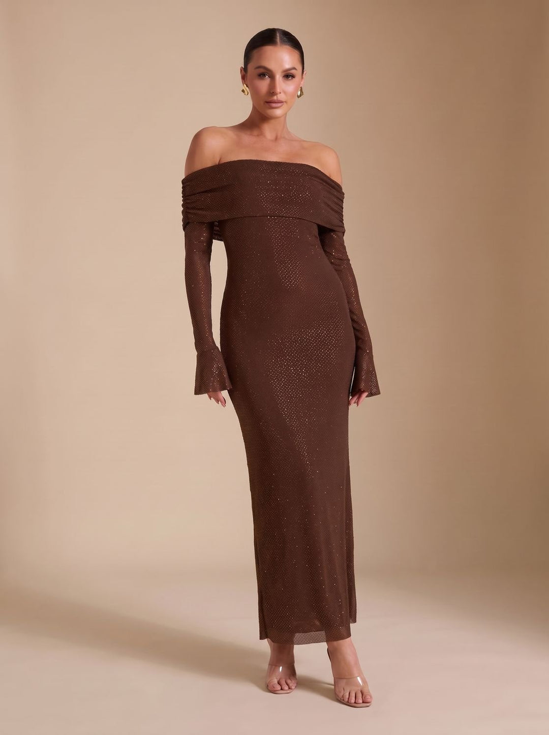 Women's Off-Shoulder Sequin Maxi Dress Long-Sleeve Fitted