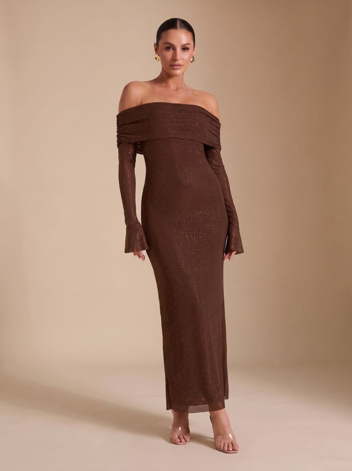 Women's Off-Shoulder Sequin Maxi Dress Long-Sleeve Fitted