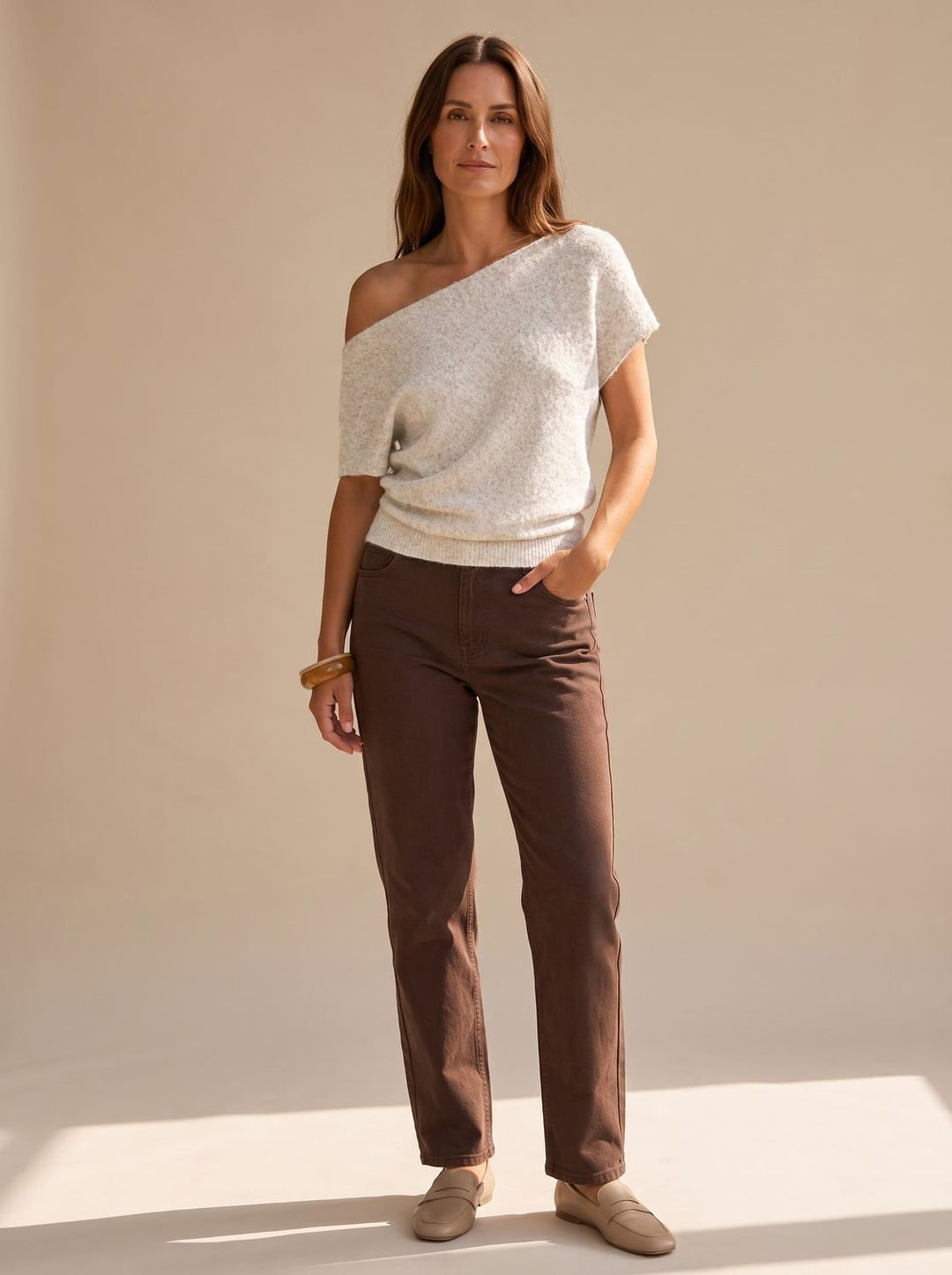 Women's Off-Shoulder Short-Sleeve Soft Knitwear Sweater - White