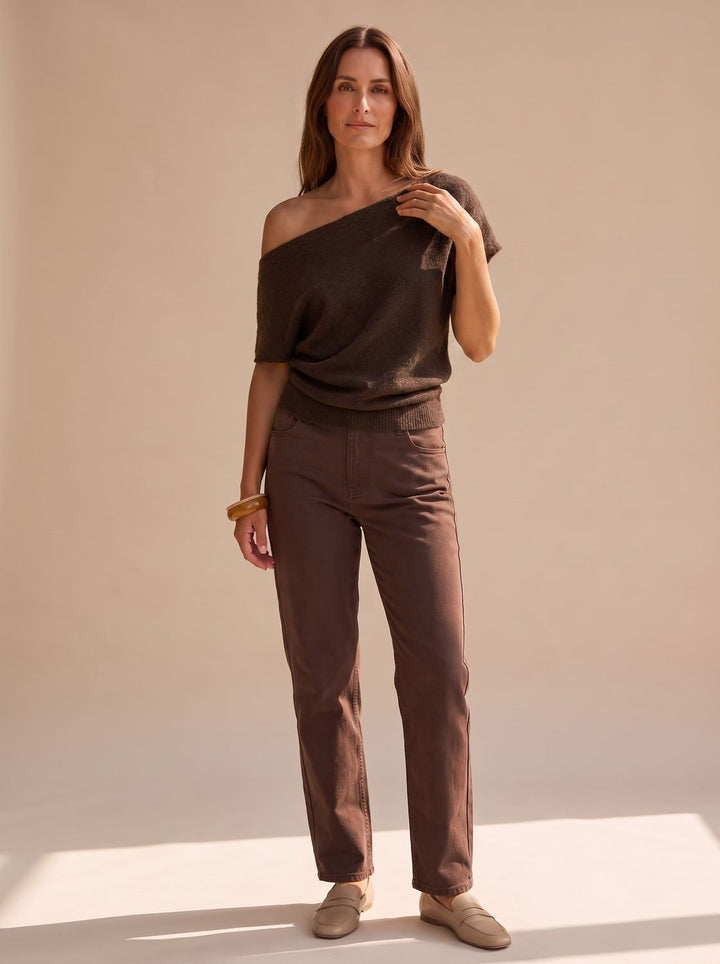 Women's Off-Shoulder Short-Sleeve Soft Knitwear Sweater - Brown