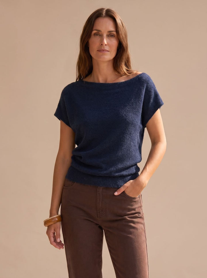 Women's Off-Shoulder Short-Sleeve Soft Knitwear Sweater - Navy Blue