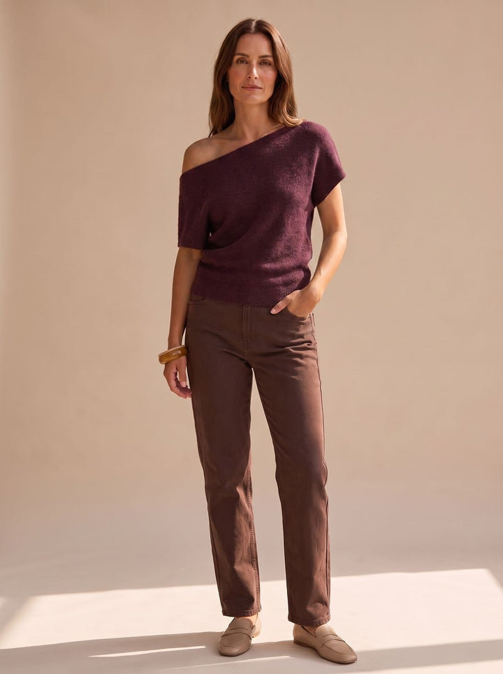 Women's Off-Shoulder Short-Sleeve Soft Knitwear Sweater - Burgundy