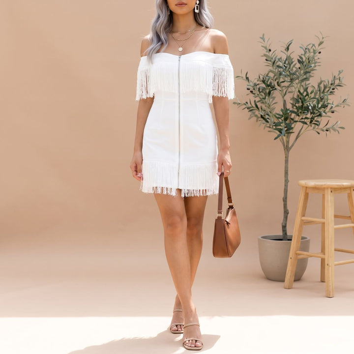 Women's Off-Shoulder Suede Fringe Half-Zip Western Mini Dress - White