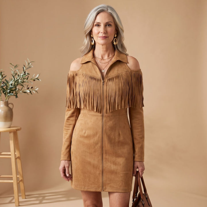 Women's Off-Shoulder Suede Fringe Half-Zip Western Mini Dress
