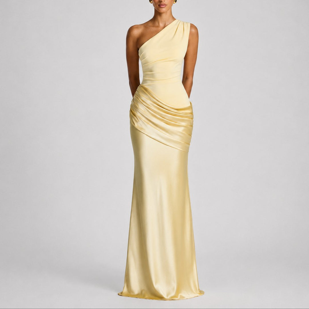 Women's One Shoulder Draped Satin Maxi Fall Wedding Guest Dress - Yellow