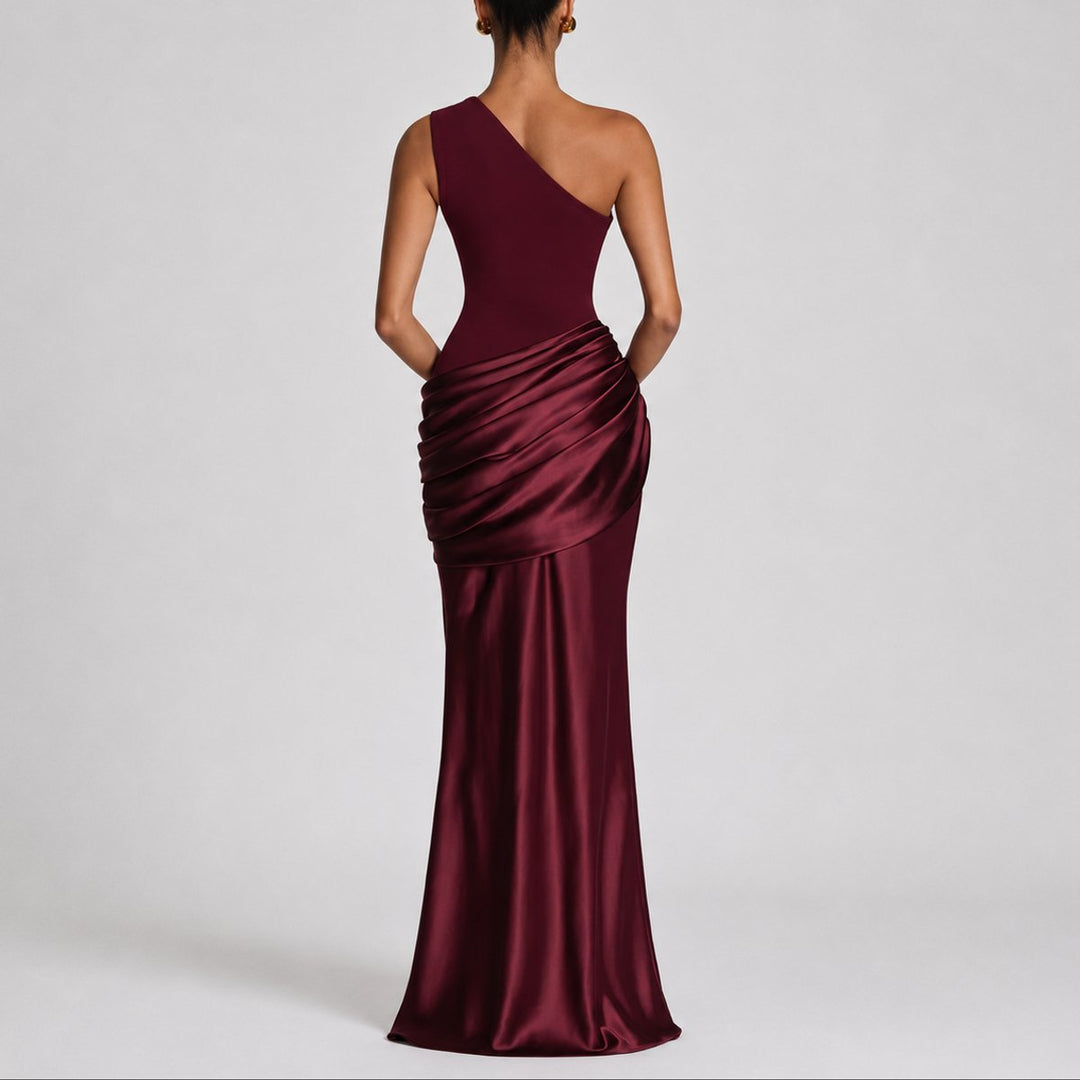 Women's One Shoulder Draped Satin Maxi Fall Wedding Guest Dress