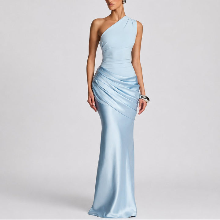 Women's One Shoulder Draped Satin Maxi Fall Wedding Guest Dress - Light Blue