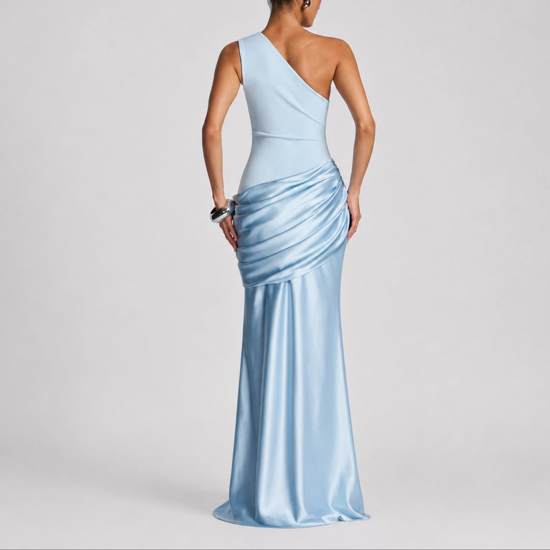 Women's One Shoulder Draped Satin Maxi Fall Wedding Guest Dress