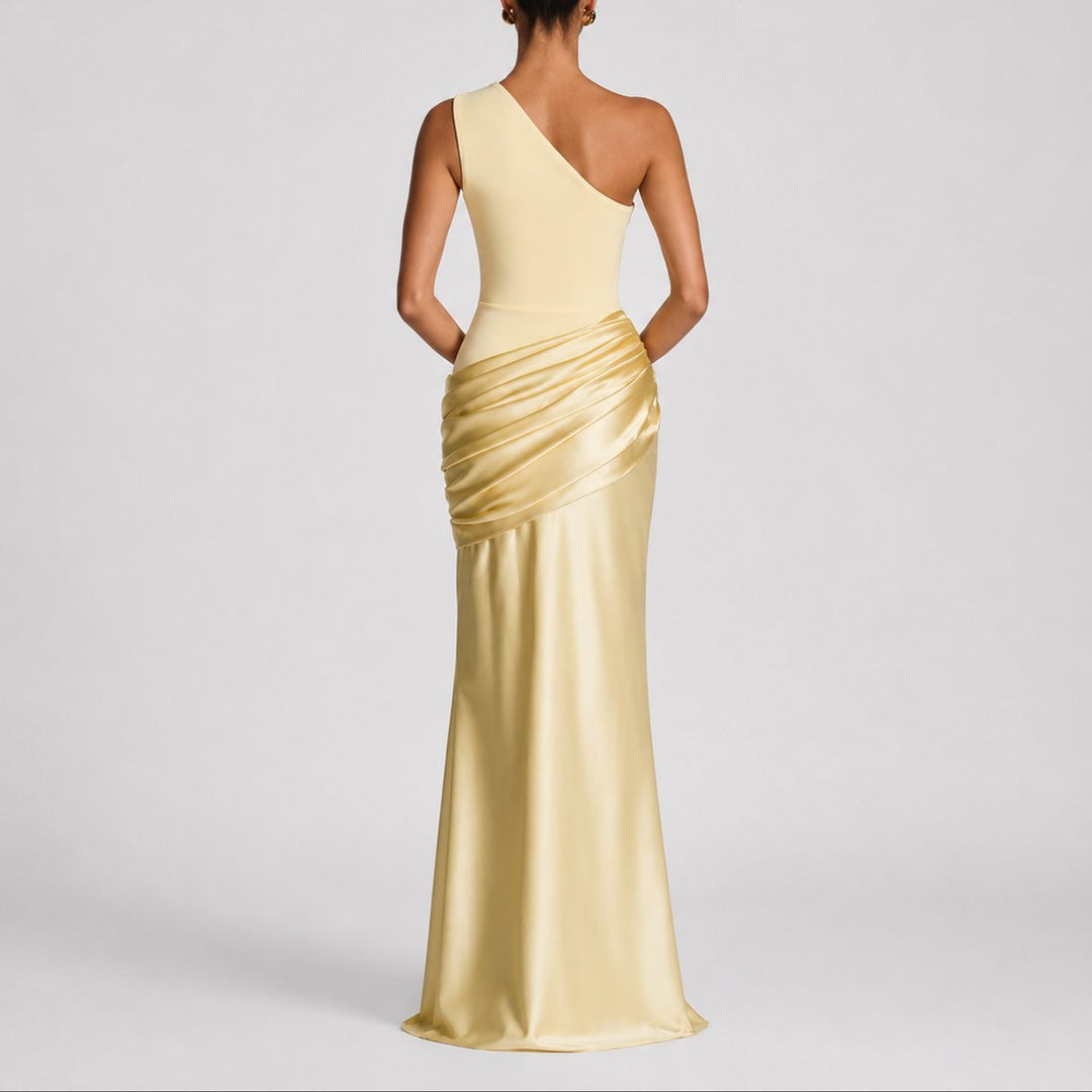 Women's One Shoulder Draped Satin Maxi Fall Wedding Guest Dress