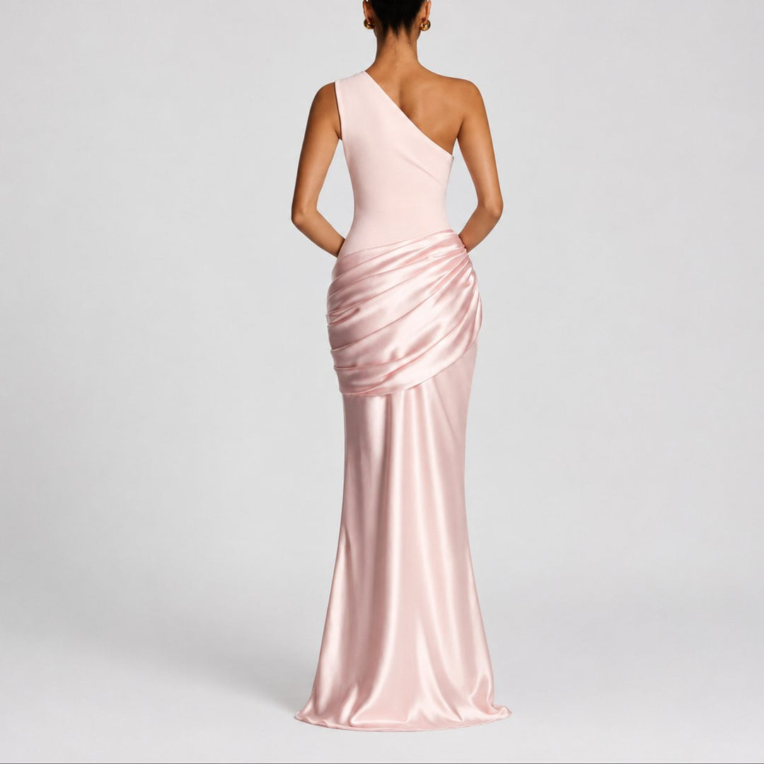 Women's One Shoulder Draped Satin Maxi Fall Wedding Guest Dress