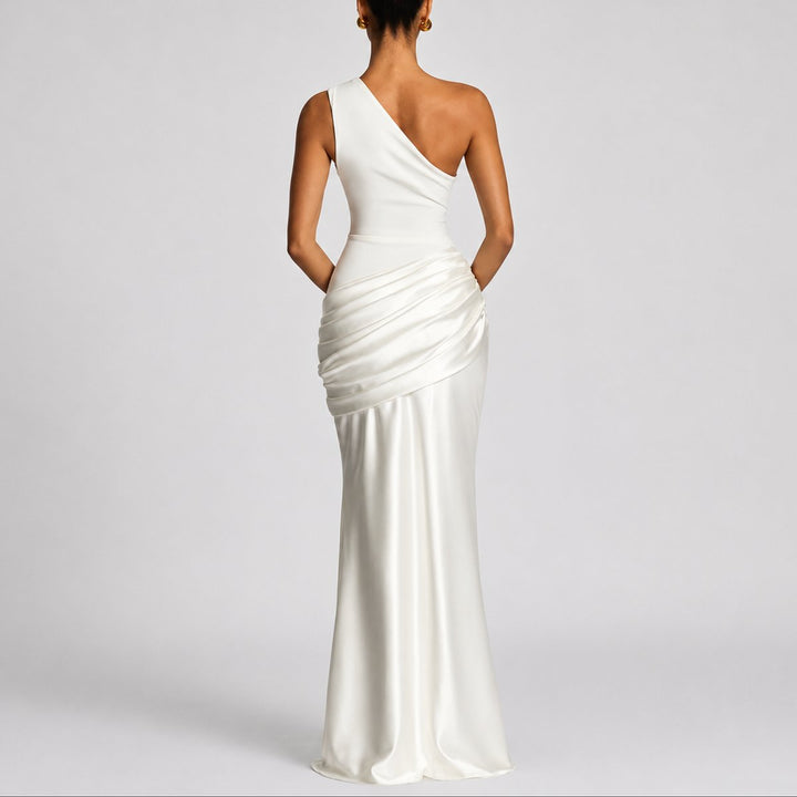 Women's One Shoulder Draped Satin Maxi Fall Wedding Guest Dress