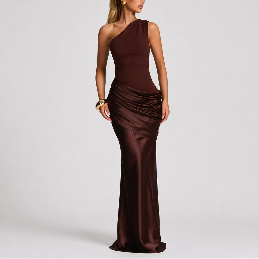 Women's One Shoulder Draped Satin Maxi Fall Wedding Guest Dress - Brown