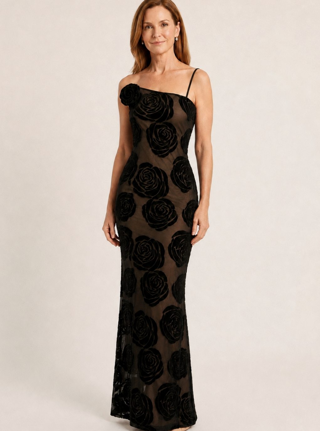 Women's One-Shoulder Floral Velvet Lace Maxi Dress - Black