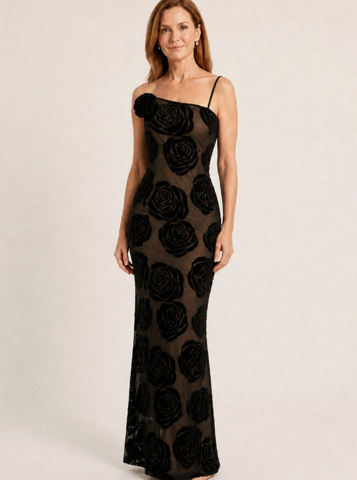 Women's One-Shoulder Floral Velvet Lace Maxi Dress - Black