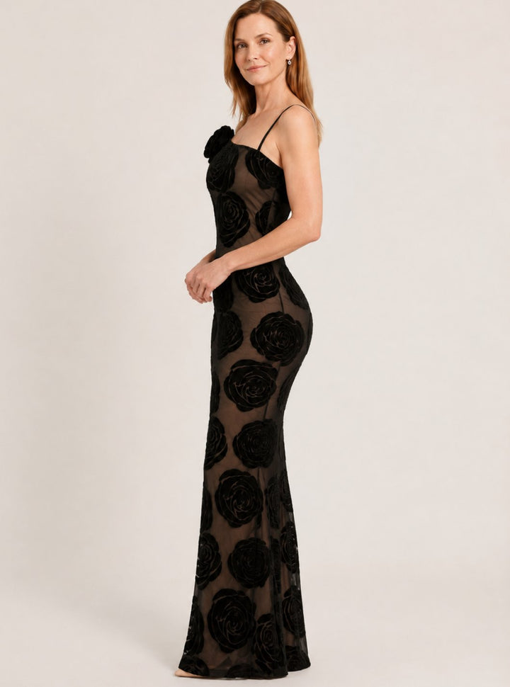Women's One-Shoulder Floral Velvet Lace Maxi Dress