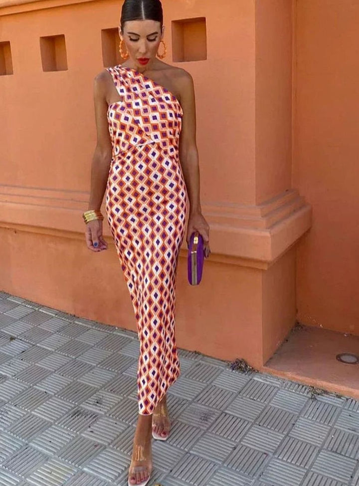 Women's One-Shoulder Geometric Printed Midi Dress - Orange