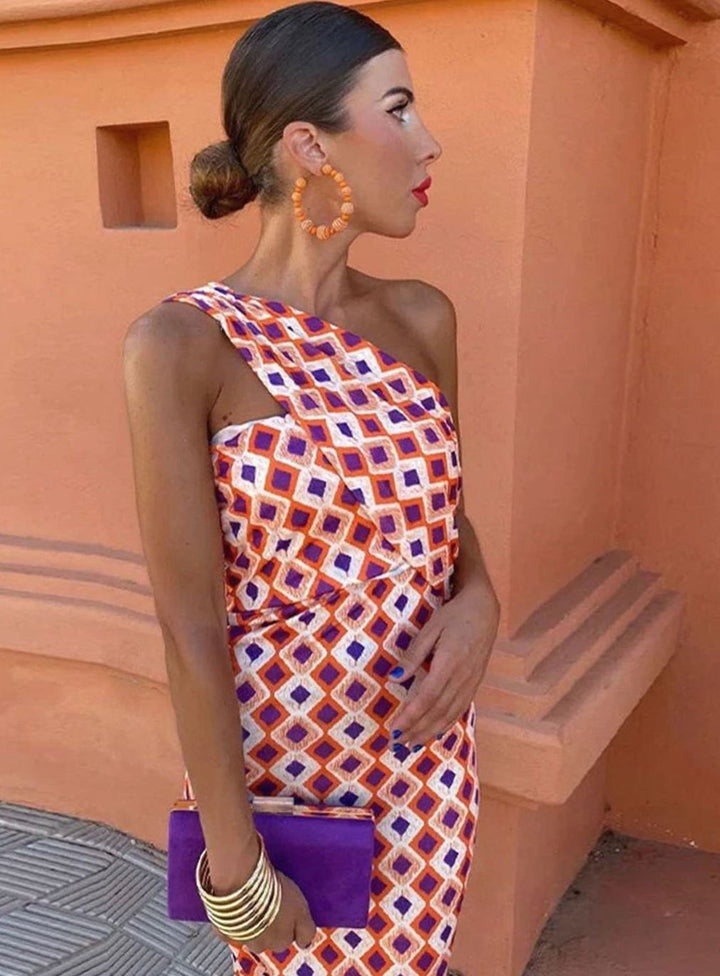 Women's One-Shoulder Geometric Printed Midi Dress