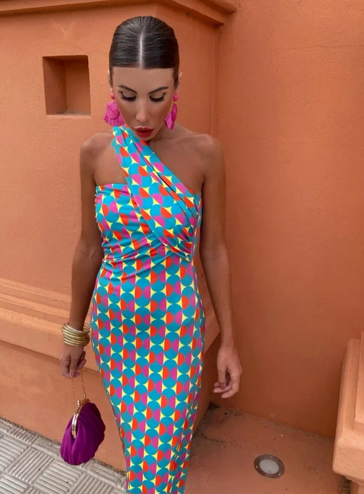 Women's One-Shoulder Geometric Printed Midi Dress - Blue