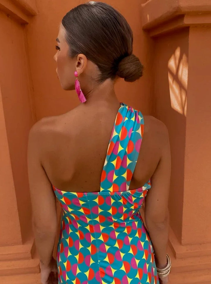 Women's One-Shoulder Geometric Printed Midi Dress