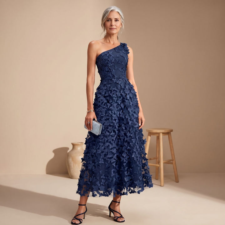 Women's One Shoulder Midi Dress Floral Appliqué A-Line Wedding Guest - Blue