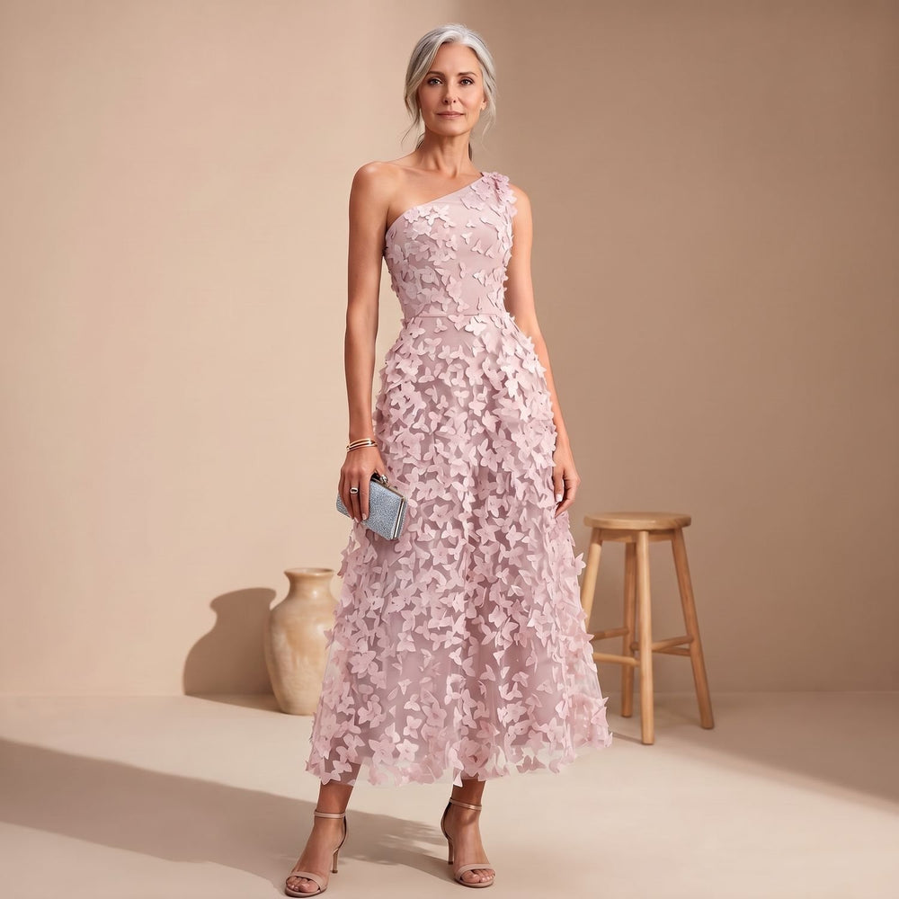 Women's One Shoulder Midi Dress Floral Appliqué A-Line Wedding Guest - Pink