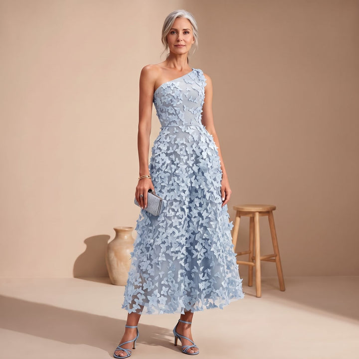 Women's One Shoulder Midi Dress Floral Appliqué A-Line Wedding Guest - Light Blue