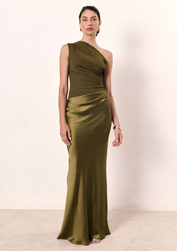 Women's One-Shoulder Ruched Faux-Leather Maxi Evening Dress - Matcha
