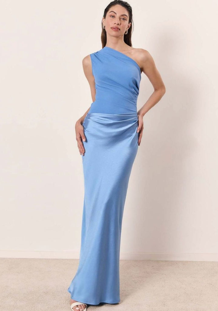 Women's One-Shoulder Ruched Faux-Leather Maxi Evening Dress - Sky Blue