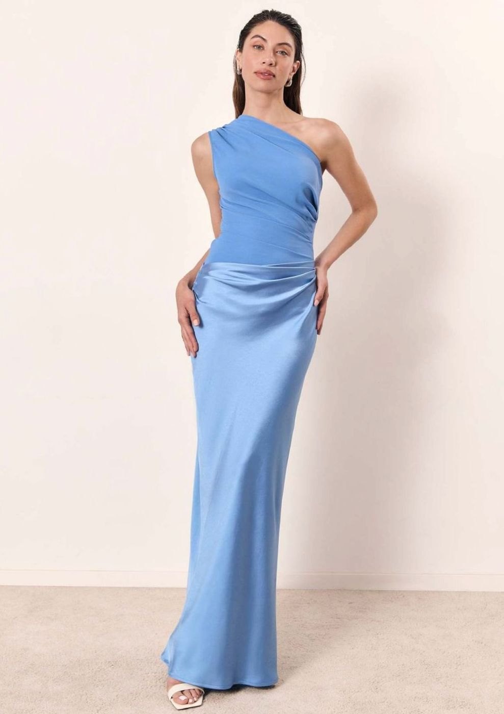 Women's One-Shoulder Ruched Faux-Leather Maxi Evening Dress