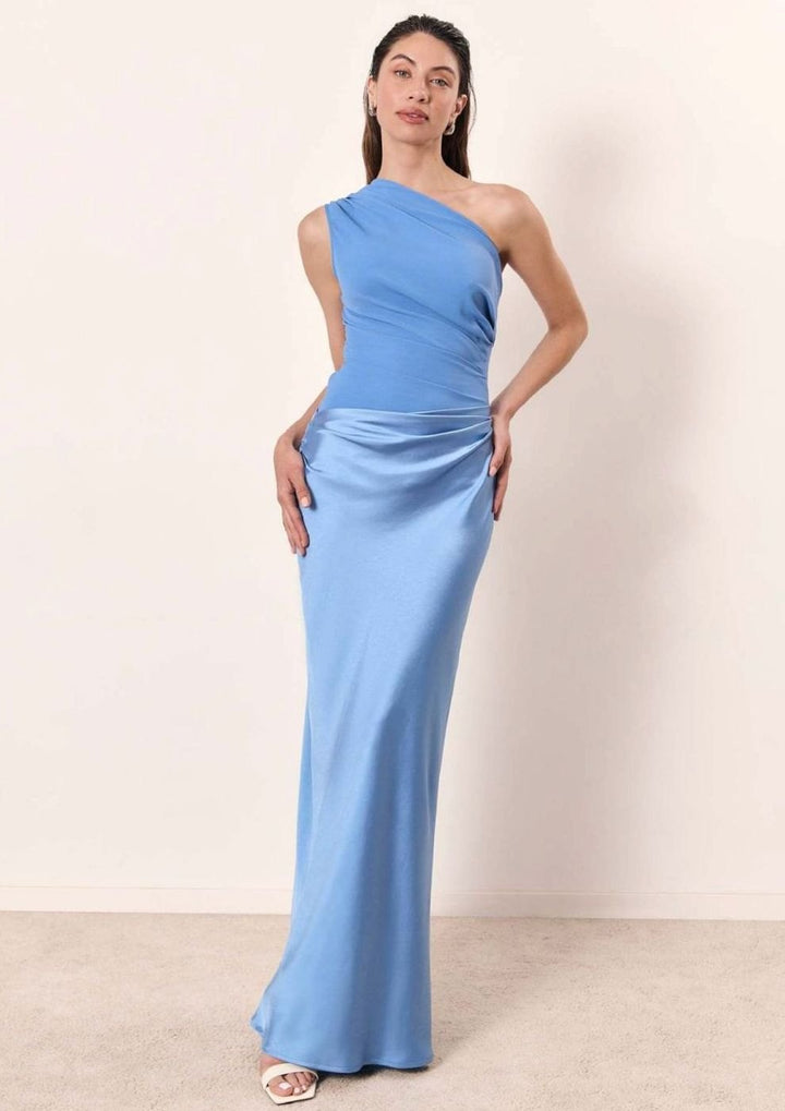 Women's One-Shoulder Ruched Faux-Leather Maxi Evening Dress
