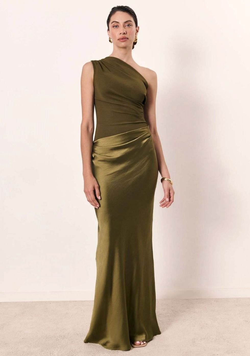 Women's One-Shoulder Ruched Satin Elegant Maxi Dress