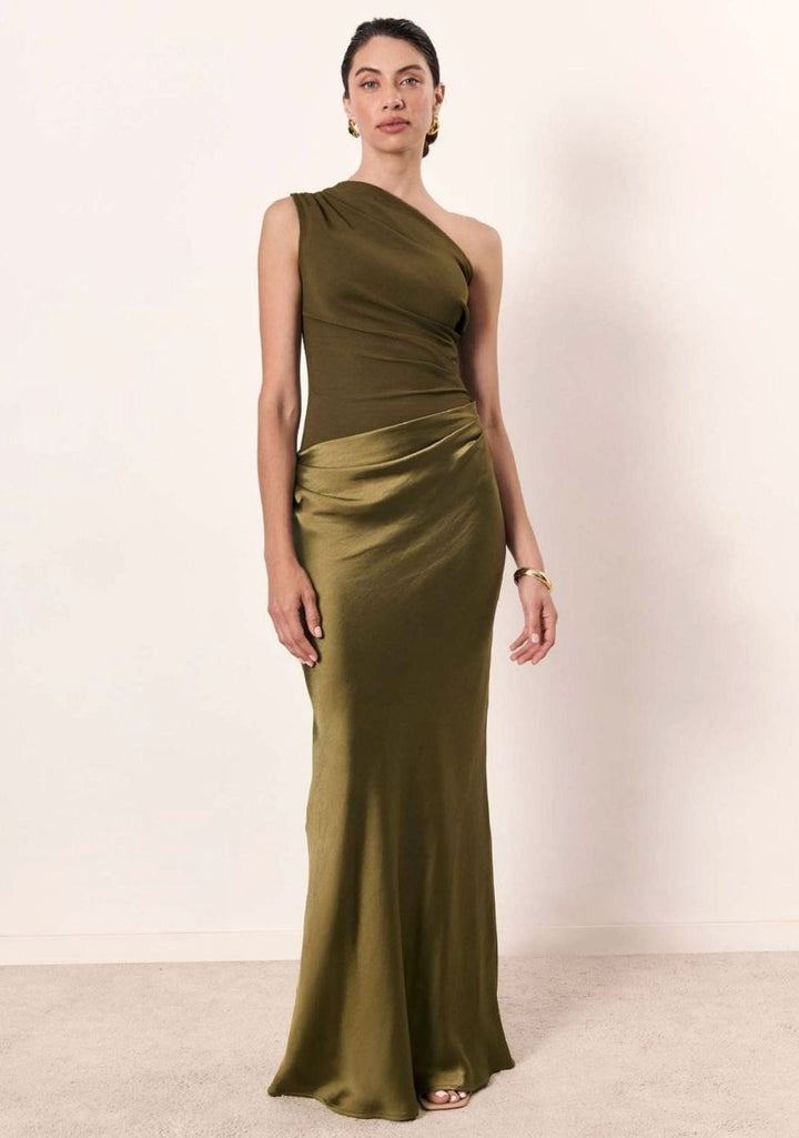 Women's One-Shoulder Ruched Satin Elegant Maxi Dress