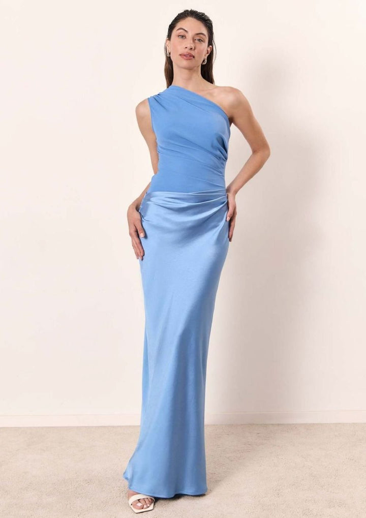 Women's One-Shoulder Ruched Satin Elegant Maxi Dress