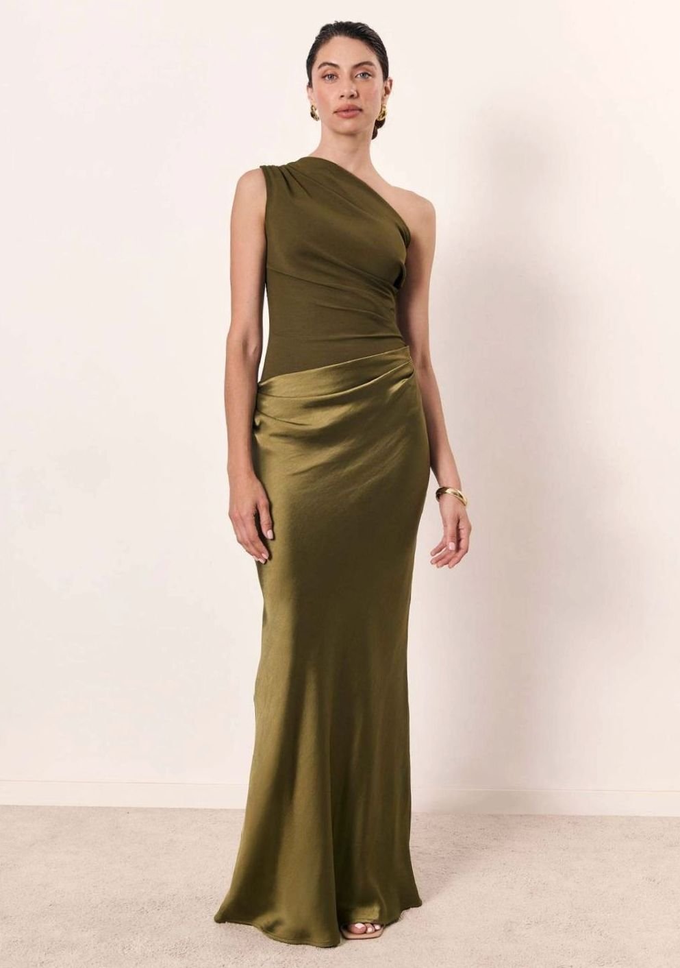 Women's One-Shoulder Ruched Satin Elegant Maxi Dress