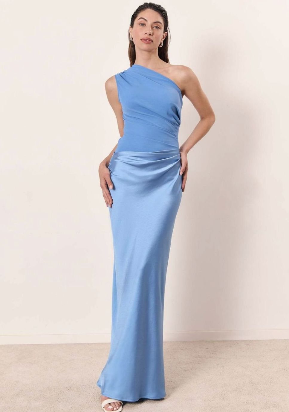 Women's One-Shoulder Ruched Satin Elegant Maxi Dress
