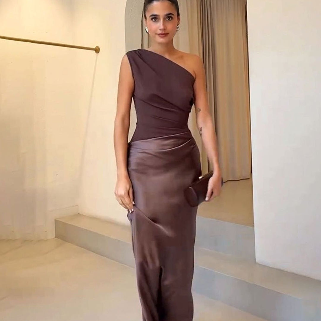 Women's One-Shoulder Ruched Satin Elegant Maxi Dress - Dark Brown