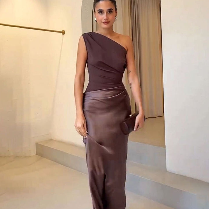Women's One-Shoulder Ruched Satin Elegant Maxi Dress - Dark Brown