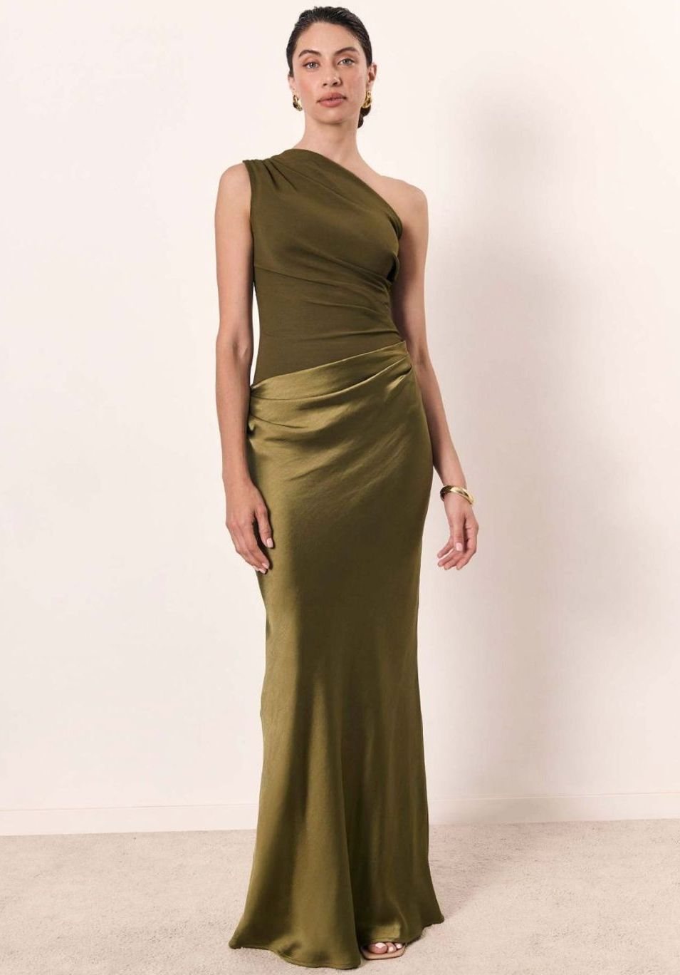 Women's One-Shoulder Ruched Satin Elegant Maxi Dress - Matcha