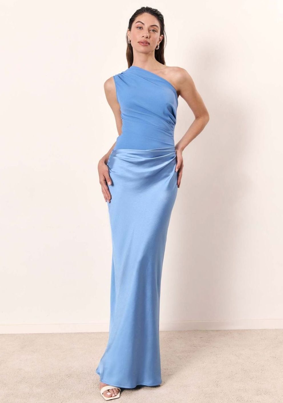 Women's One-Shoulder Ruched Satin Elegant Maxi Dress - Sky Blue