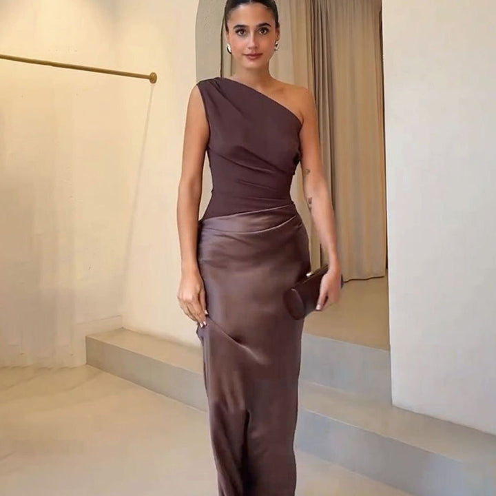 Women's One-Shoulder Ruched Satin Elegant Maxi Dress