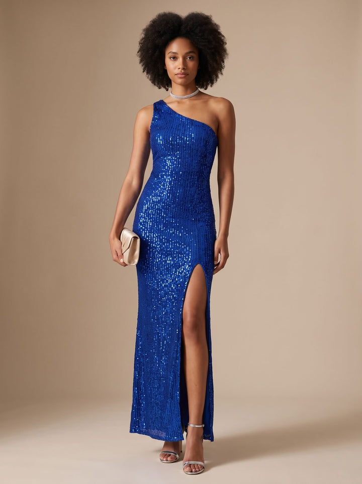 Women's One-Shoulder Sequin Bodycon Maxi Dress with Thigh Slit - Purple