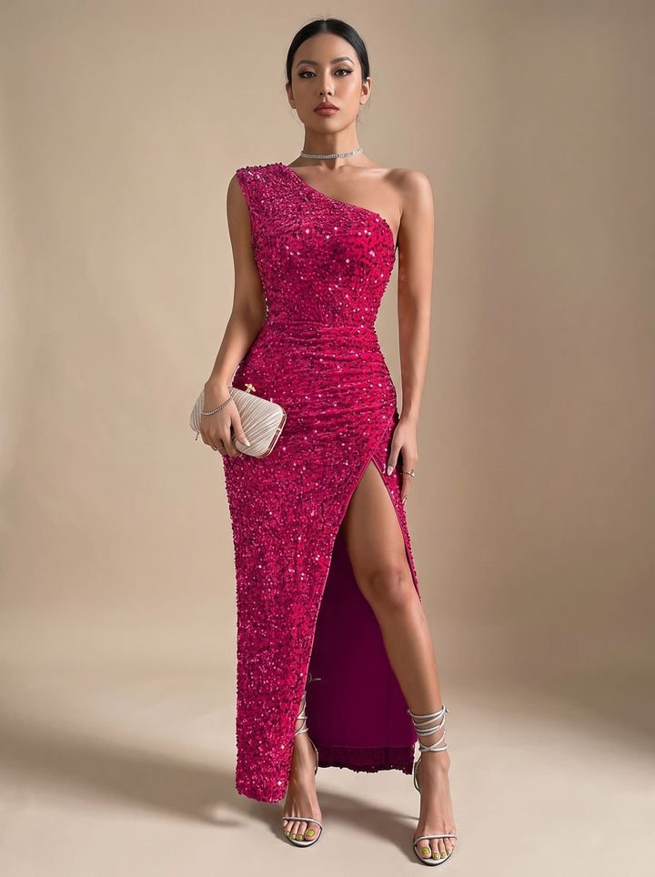 Women's One-Shoulder Sequin Bodycon Maxi Dress with Thigh Slit - Pink