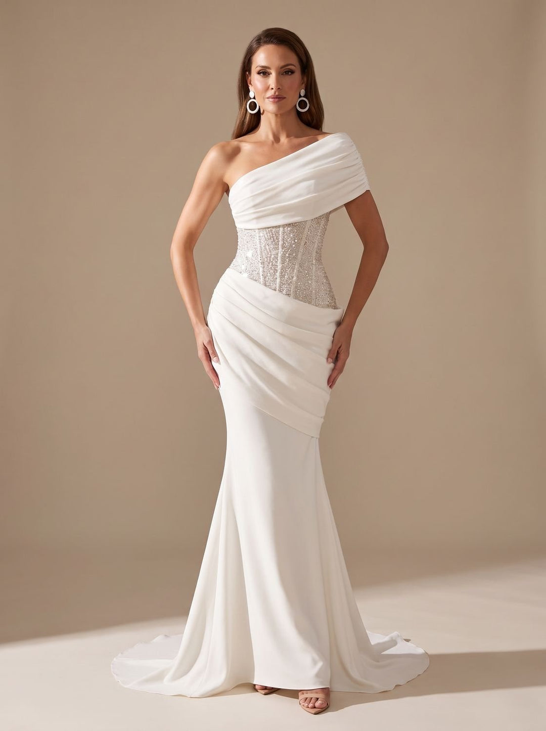 Women's One-Shoulder Sequin Embellished Draped Mermaid Maxi Gown - White