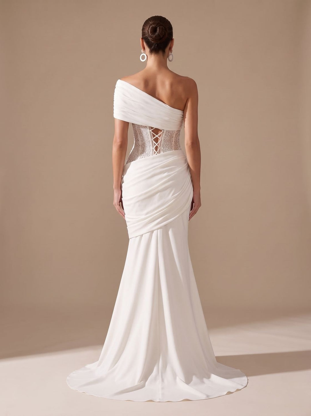 Women's One-Shoulder Sequin Embellished Draped Mermaid Maxi Gown